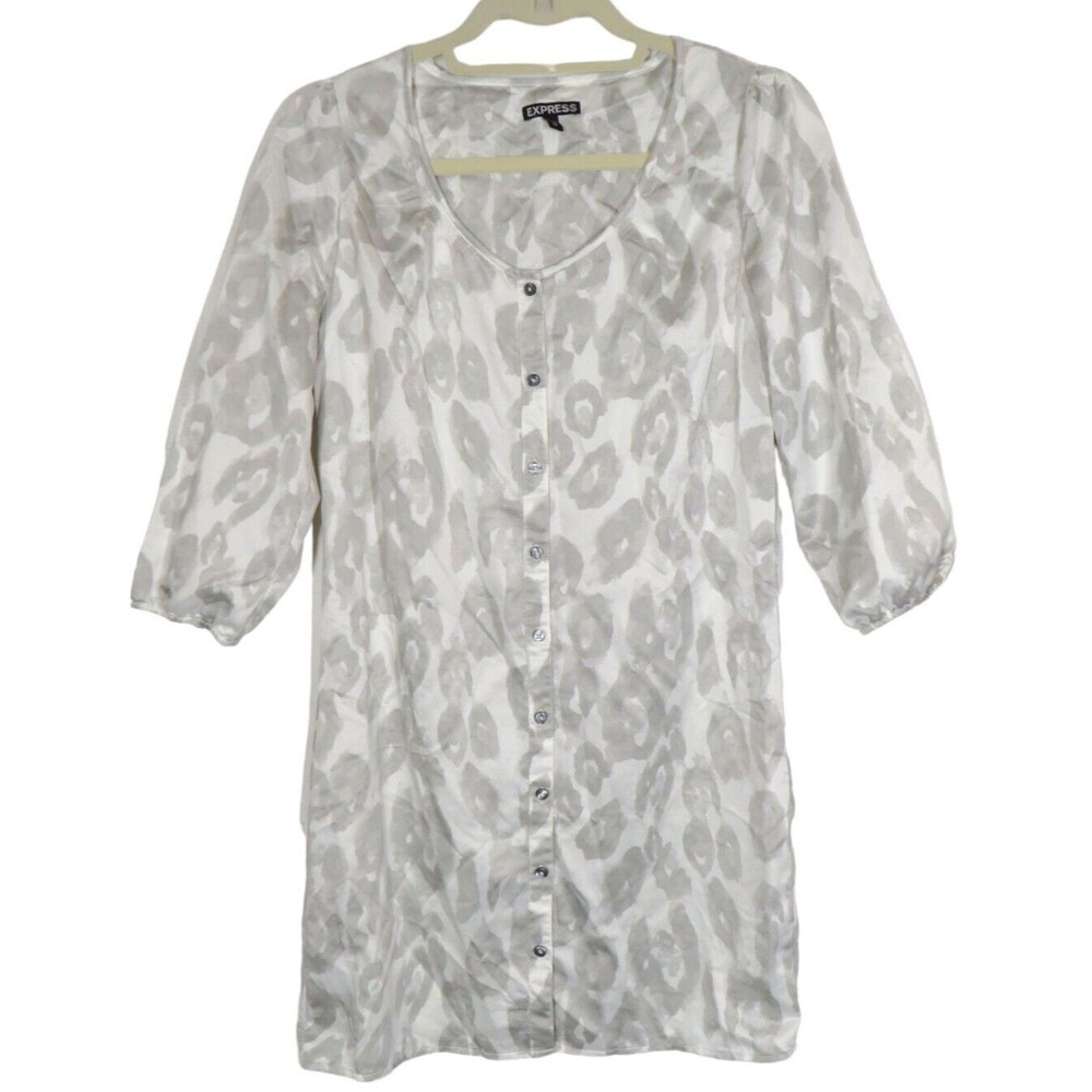 Express Gray Leopard Print Textured Button Up Dre… - image 1